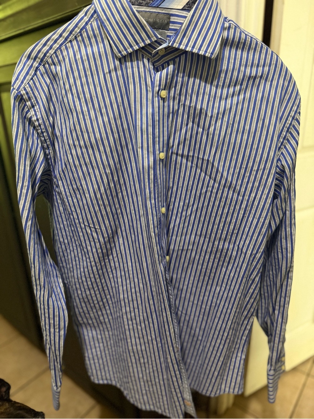 Thomas Dean Blue & White Vertical Stripe Dress Shirt